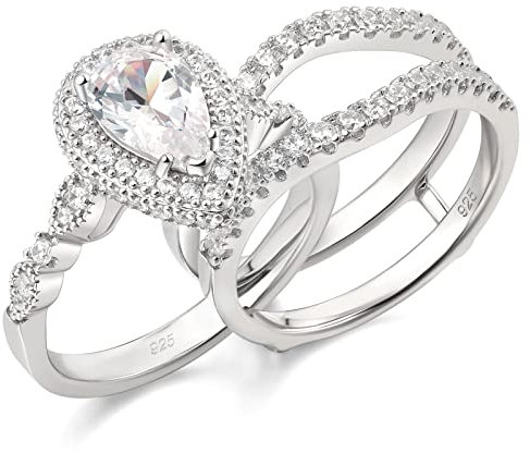SweetJew 2Ct Birne geformt Eheringe Set Bridal Ring für Frauen 925 Sterling Silber Halo Cubic Zirkonia Größe 50.6(16.1)