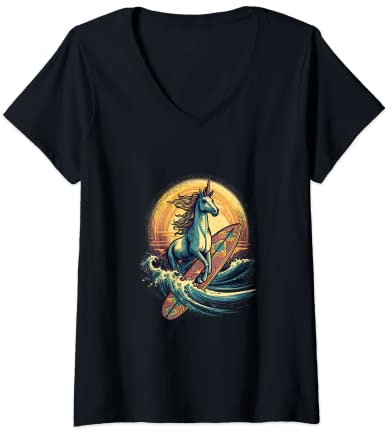 Damen Einhorn Surfboard Surfboard Surfen Mythische Kreaturen T-Shirt mit V-Ausschnitt