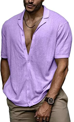 Onsoyours Camicia da Uomo Estate Slim Fit Henley Shirts Cotone Magliette con Scollo a V Cardigan Elegante Casual Camicia a Maniche Corte da Spiaggia con Bottoni A Viola S