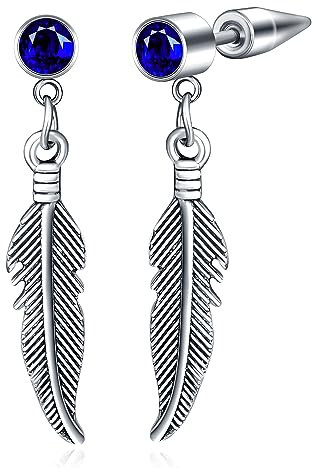 INFINIONLY Homme Acier Inoxydable Boucles d'oreilles Plume Boucles d'oreilles Tendance de Plume Pendantes d'oreilles Zircone Bleu pour Femme Bijoux fantaisie Oreilles Percées