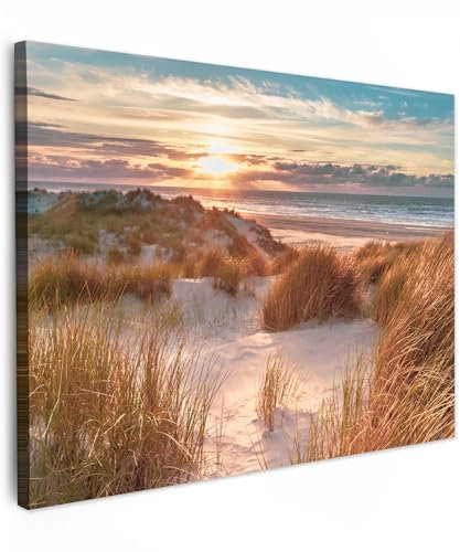 MuchoWow© Impression sur Toile Decoration Murale Peinture 70x50 cm Tableaux Decoratifs Muraux Décoration Chambre Dune - Plantes - Coucher de soleil - Plage - Mer