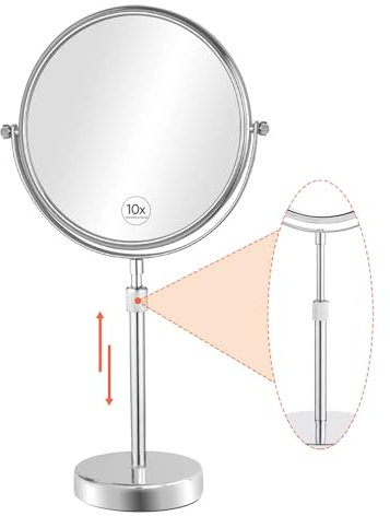 Nicesail 53,3 cm hoher Make-up-Spiegel mit 10-facher Vergrößerung, 20,3 cm doppelseitiger Tischspiegel mit Sockel zum Rasieren, höhenverstellbar, Chrom-Finish (20,3 cm, 10-fach)