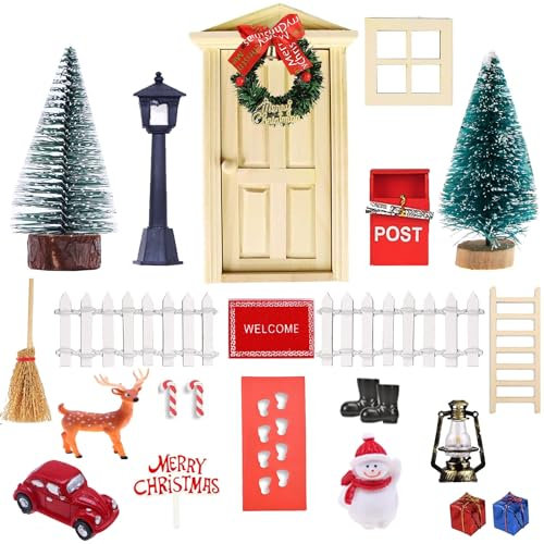 EIKEJI Wichteltür Set, 26 Stück Wichteltür Komplettset, Wichteltür Zubehör Weihnachten, Wichtel Zubehör Set, Weihnachtsdeko Feentür Kinderzimmer Dekoration für Weihnachten, DIY Geschenk für Kinder