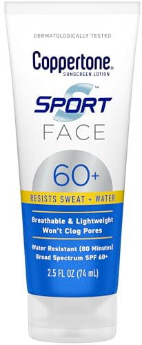 Coppertone Sport Face Sunscreen Lotion SPF 60+, Water Resistant Sunscreen with Broad Spectrum SPF 60+, Lightweight and Breathable, 2.5 Fl Oz Tube