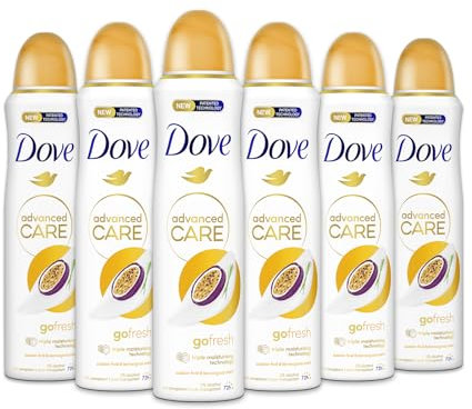 Dove Advanced Care Go Fresh Passion Fruit - Desodorante para mujer y hombre, fórmula hidratante y agradable al tacto, sin alcohol, piel seca hasta 72 horas, para hombre y mujer, 6 unidades de 150 ml