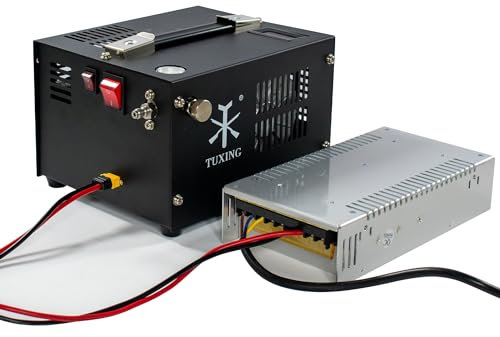 TUXING Compresseur d'air PCP, 4500 psi 30 MPa, sans huile/eau, transformateur/système de vidange intégré, alimenté par voiture 12 V CC ou maison 110 V AC avec adaptateur (inclus), pompe pour fusils à