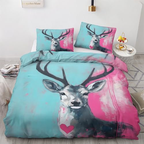 GEDAEUBA Hirsch Bettwäsche 155x220 - Waldtiere Bettbezug 155x220 3 teilig, Wendebettwäsche und Kissenbezug 80x80, Weiche & Angenehme Mikrofaser Bettwäsche-Sets mit Reißverschluss