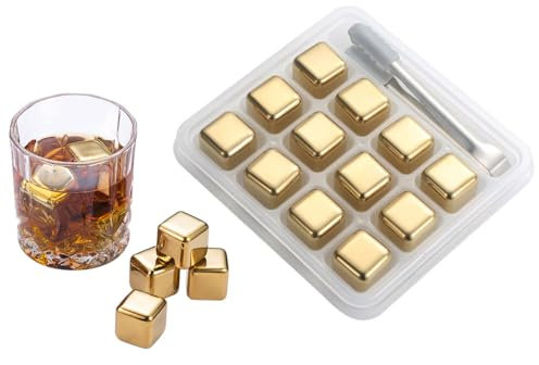 Abiyou 12 PCS Wiederverwendbare Eiswürfel,Whisky Edelstahl Eiswürfel Steine,Edelstahl-Eiswürfel,Whisky Eiswürfel Steine,mit Eiswürfel Clip,für Whisky,Brandy,Rum,Bier,Wodka,Likör(Golden)