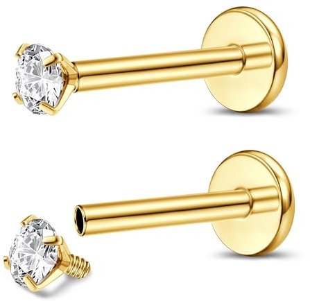 Adramata 2Pcs G23 Titan Lippenpiercing Labret Piercing Innengewinde Medusa Piercing Nasenpiercing Stecker Medizinische Ohrstecker Piercing Ohr Klein Conch Tragus Piercing Gold Silber Helix Piercings