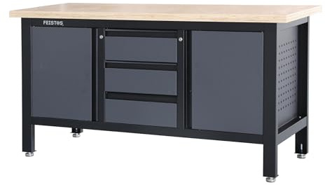 FEISTOS Werkbank Heros 2, 169x60x87 cm, 38 mm Arbeitsplatte | Werkbank mit drei Schubladen, zwei Schrankelementen und 350 kg Gesamttraglast, seitlicher Lochwand und verstellbaren Füßen.