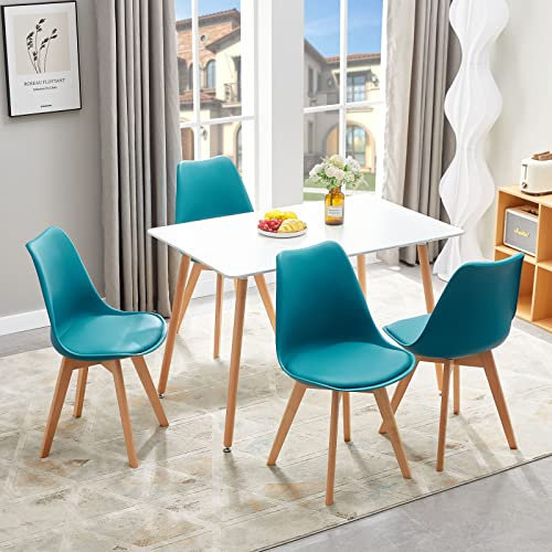 LafeuR - Juego de comedor con 4 sillas rectangulares, para 4 personas, sala de estar, cocina, oficina (mesa blanca + sillas turquesas)
