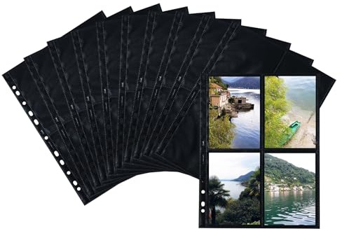 HERMA 7711 Fotohüllen für Ordner, 250 Stück, 10x15 cm, 4 Fächer geteilt, beidseitig bestückbare Fotophan Fotosichthüllen Sammelhüllen Postkartenhüllen Prospekthüllen mit Eurolochung, schwarz
