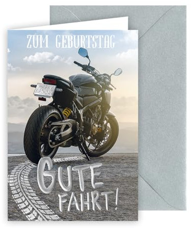 KE - Glückwunsch-Karte zum Geburtstag für Männer, mit Umschlag, DIN B6, Geburtstagskarte Mann, mit silberner Folie geprägt, Motiv: Motorrad