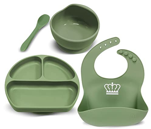 Miracle Baby Lot de 4 Set Vaisselle Silicone Repas Bébé, Assiette Ventouse pour Bébé, Bol Ventouse pour Enfant, Bavoir Imperméable, Cuillère D’apprentissage, Sans BPA, Passe Lave et Micro Onde (Vert)