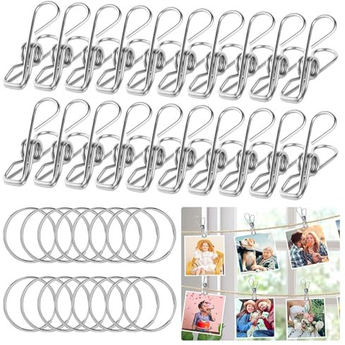 Celepoir 100 Pièces Pinces à Linge en Acier Inoxydable, Multi-Usages Pince à Linge INOX & 50 Anneaux en Acier INOX, Pince à Linge Metal, Exterieur Pincinox pour Serviettes, Vêtements, Lumières, Photo