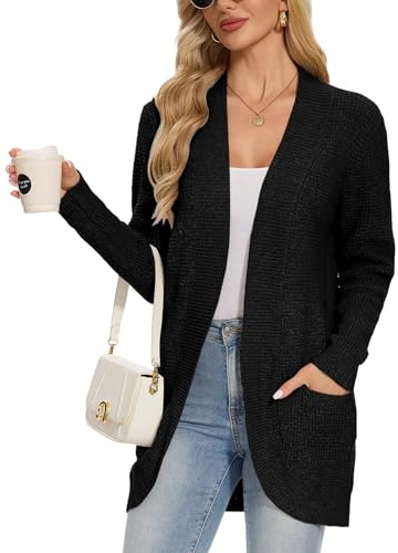 Atxnn Cárdigan Mujer Elegante Waffle Chaqueta de Punto Invierno Delantera Abierta Suéteres con Bolsillos Jersey Cárdigans Cómodo Rebeca Otoño, Negro XL