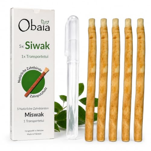 Lot de 5 Bâtons de Siwak + 1 étui de protection, Brosse à dents 100% naturelle en bois d'Araq. Bâton de Miswak pour Blanchiment dentaire, nettoyant, désinfectant. Meswak Biodégradable et Végan.