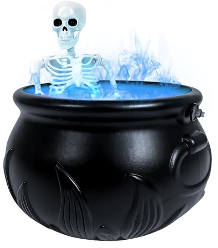 Halloween Deko Hexenkessel mit Nebel, Halloween Deko Gruselig Hexenkessel mit Halloween Skelett und Vernebler, Horror Schwarz Cauldron Hexen Kessel Atmosphären Szenenlayout Party Deko (D)