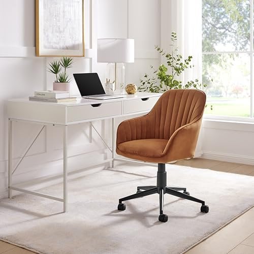 Furniturebox Office Chair - 'Booker' Orange Velvet Office Chair - Black Metal Frame - Modern Tub Chair Design - For Home Office Study, Bedroom - Gaming - Height Adjustable - Modern Desk Chair