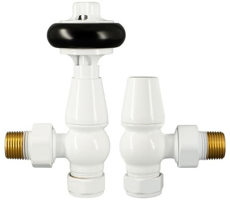 VANCOCO Traditional Angled Radiator Valves 1/2×15mm, Brass Thermostatic Radiator Valve, Cast Iron Antique Thermostat Radiator Thermostat TRV Pair with Solid Wood Handwheel (White)