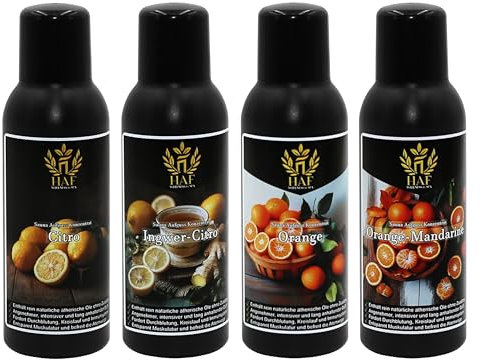 HAF® Saunaaufguss Konzentrat Set Zitrusfrüchte | 4 x 100 ml Saunaduft mit Citro, Ingwer-Citro, Orange, Orange-Mandarine | Saunaöl aus 100% natürlichen ätherischen Ölen