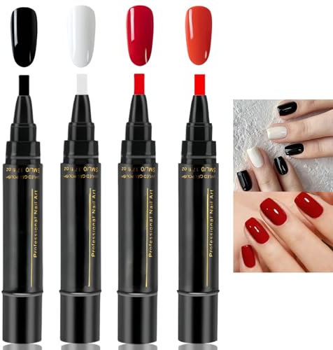 4Pcs Nail Polish Pens,3 in 1 Gel Nail Polish Pen,Black Nail Polish,Nail Varnish Sets,One Step Nail Gel Pen,Red Nail Varnish,White Nail Pencil,Soak Off UV Led Nail Varnish,Nail Art Pens for Woman(#1)