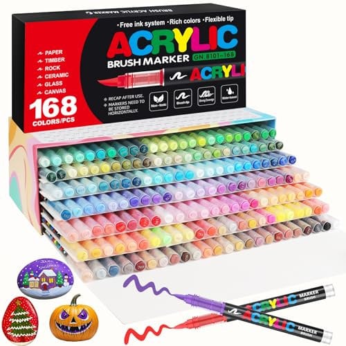 Gelanty feutre acrylique, 168 couleurs acrylic paint marker avec embout pinceau flexible, liquide direct marqueur acrylique pour la peinture sur roche, céramique, bois, verre