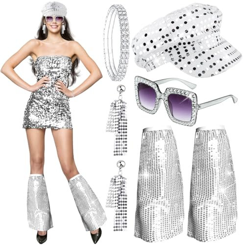 Shyllin Disco Glitzer Accessoires, Disco Glitzer Outfit Damen 70er Jahre Kostüm, Pailletten Discokugel Zubehör, Pailletten Sonnenbrille Hut Stulpen Ohrringe Armband-Party Karneval Halloween (Silber)