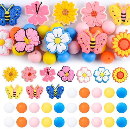 URROMA Lot de 35 Perles en Silicone sur Le thème des Papillons et des Fleurs - Perles d'espacement en Vrac pour la Fabrication de stylos et de Bijoux