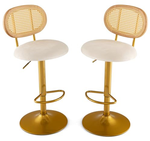Barhocker aus Samt, drehbar, höhenverstellbar, Küchenhocker mit Rattan-Rückenlehne, Fußstütze und Gasdruckfeder, gepolsterte Thekenhöhe, Esszimmerstühle für Zuhause, Wohnzimmer, 2 Stück