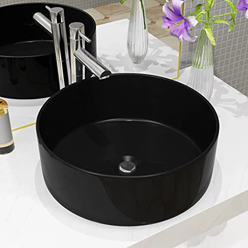 Cinyiqo Lavabo, Lavabo sobre Encimera, Lavabo Baño, Muebles De Baño, Mueble Lavabo, Redondo de cerámica Negro 40x15 cm