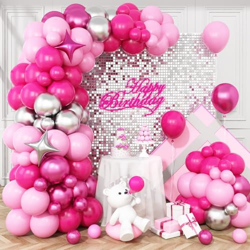 Kit d'arche de ballons roses et argentés, guirlande de ballons rose pastel rose vif avec ballons argentés métallisés, ballons en aluminium à quatre étoiles, pour mariage, fiançailles, décorations de