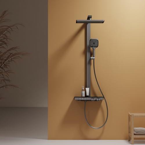 EMKE Colonne de Douche Thermostatique, Pommeau de Douche Extra Large de 360 mm, Barre de Levée Ajustable, Douche à Main 4 Fonctions, Réglage du Débit d'Eau, 402x573x1050 mm, Anthracite Mat