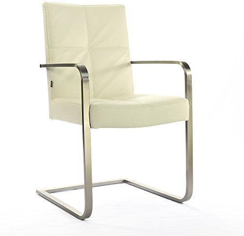 SIX Echtleder Freischwinger – Libero Creme Weiß Esszimmerstuhl mit Armlehne & Ergonomischem Edelstahlrahmen – Design Schwingstuhl, für Esszimmer und Wohnzimmer – Fertig montiert, bis 130 kg
