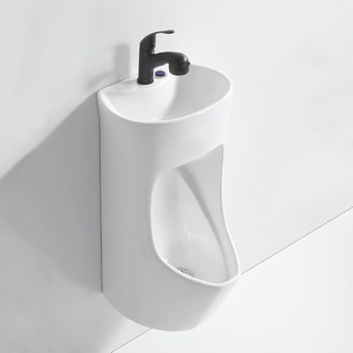 Gtzly Wand-Urinal mit Waschbecken, Handpress-Urinale for Männer mit Einziehbarem Wasserhahn, Wandhängendes Urinal aus Keramik for Männer mit Spritzschutz, Versteckter Wassereinlass