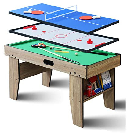 CCKUHN 3-in-1-Multi-Combo-Spieltisch, zusammenklappbares Multi-Game-Kombinationstisch-Set mit Billard, Tischtennis, Eishockey, kleinem Bücherregal, Freizeitspielzeug für die Familie