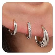 Viromy Damesoorbellen, goud/zilver, 3 paar, meerlaags, van roestvrij staal, met piercing-creolen, oorbellen voor dames, 1, Messing, Zirkonia