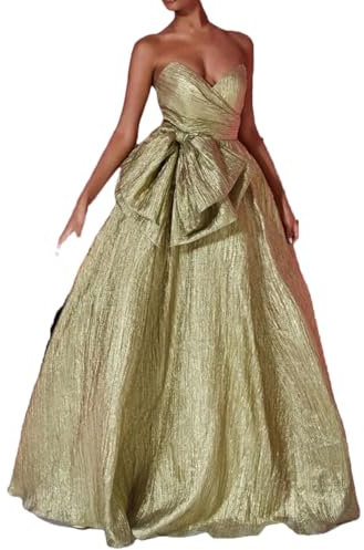 Dninmim Women's Tube Top Bow Evening Dress Long A-Line Dresses Wedding Party Prom Cocktail Gowns Gold S