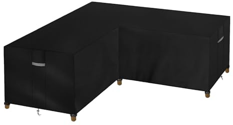 Dokon Housse Canapé d'Angle Exterieur, Bâche Salon de Jardin en L | Oxford 420D, Revêtement PU Imperméable, Sangles & Cordon Anti-Vent, Aérations Cachées, Anti-UV, 250x250x110cm, Noir