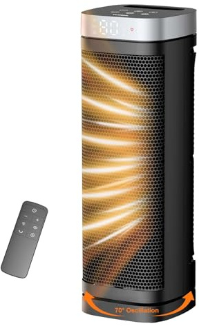 Space Heater, WINHL 17 Inches Electric Heaters for Indoor Use with Thermostat and Remote, 70°Oscillation, 12H Timer, 5 Modes, 1500W PTC Ceramic Fast Safety Heat for Office Bedroom Home