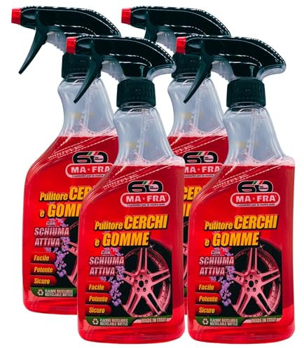 Detergente Spray Pulitore CERCHI E GOMME Con Schiuma Attiva. Deterge e Sgrassa Gli Pneumatici Delle Auto, Utilizzabile Con Schiuma o Senza Schiuma 500ml (4 Spray)