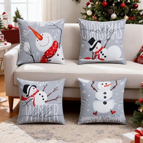 Fentar Kissenbezug Weihnachten 4er Set, Dekorative Weihnachtskissenbezüge, Weihnachts Kissenbezüge 45x45 Kuschelweich, Winter Weihnachtsdeko Innen für Sofa Wohnzimmer (Grau)