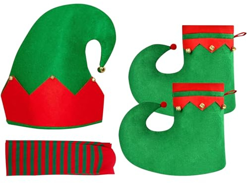 WEINIBAO Elfenmütze, Elfenschuhe, Erwachsene Weihnachtself Kostüm Zubehör mit Elfen Mütze, Weihnachtself Schuhe, Elfenhut Elfen Schuhe für Herren Damen Weihnachten Karneval Cosplay Kostüm Accessoire