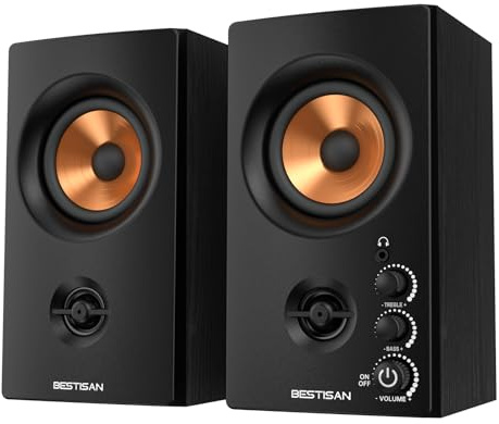 BESTISAN Active Bookshelf Speakers with Bluetooth& RCA Input | HiFi Sound for PC, Desktop, Gaming | Compact Wooden Speakers, 3 Inch