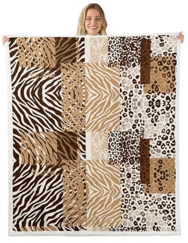 feelingyou Tierhaut Werfen Sie Decke, Queen Größe Beige Braun Retro Zebra Leopard Druck Geometrische Plaid Bett werfen für Erwachsene ländliche Vintage hübsche Wildtier Haut Heimdekor für Bett