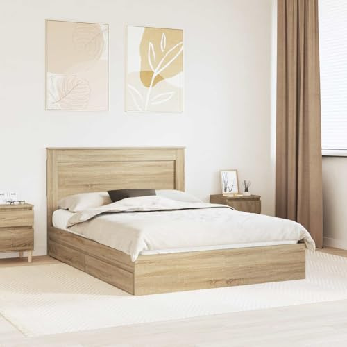 Yunovire Sonoma-Eiche Stauraumbett 140x200 cm, Holzwerkstoff Modernes Bettgestell mit Lattenrost, 200 kg Tragkraft, Praktische Schubladen, Schlafzimmer Möbel