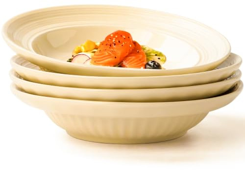 DXQCHDUO Lot de 4 bols à salade en céramique avec bord large texturé de 20,3 cm, assiettes creuses pour dessert, salade, céréales (beige)