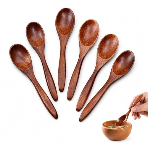 6 Stück Suppenlöffel aus Nanmu-Holz, 14 cm, Löffel Holz, Wood Spoon | Handpolierte, glatte Oberfläche liegt angenehm im Mund und in der Hand; umweltfreundlich zum Kochen, Servieren und Essen