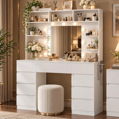 Schminktisch mit Spiegel und LED-Leuchten, Steckdosenleiste, 9 Schubladen | Große Vanity mit 7 Offenen Ablagen, 3 Farbmodi und Einstellbarer Helligkeit, 107Bcm, Weiß