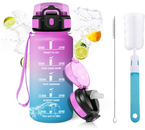 Mulbijeo Botella Agua, 500 ml con Pajita,Prueba de Fugas, Botella Gimnasio, Cepillo para Hierba, Cepillo de Esponja, Garrafa de Agua Libre de BPA, Cantimplora para Escuela, Oficina, Deporte